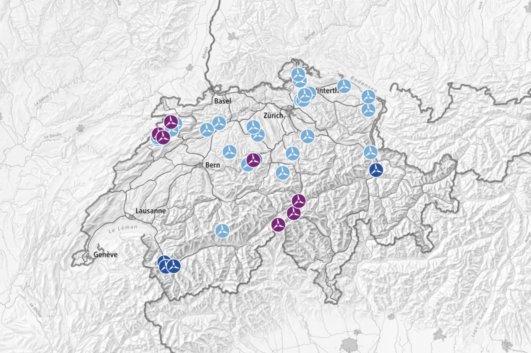 Carte éoliennes en Suisse